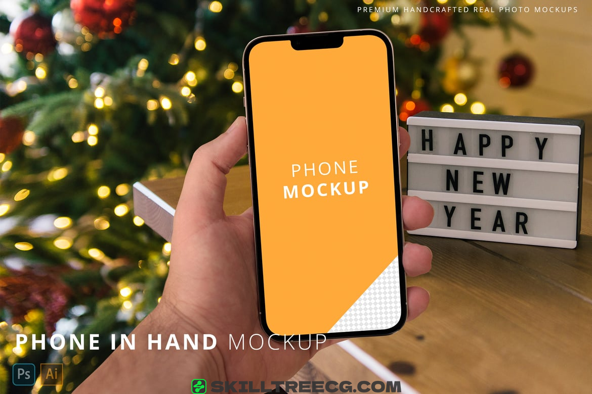 iPhone 13 Pro Max Hand Christmas New Year Mockup（861479）-技能树